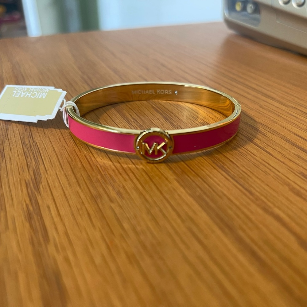 Michael Kors Pink and Gold tone Logo Heritage Fulton Bangle